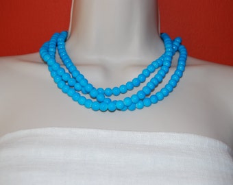 Turquoise Statement Necklace Turquoise Chunky Necklace Bright Blue Glass Beaded Necklace Multi-Strand Bridesmaid Necklace Wedding Jewelry