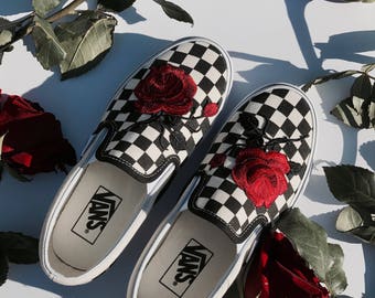 Checkered Slip On Vans Rose Embroidery Shoes -- Sale Code Inside!!