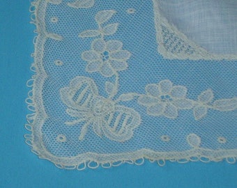 Net Lace Vintage Wedding Hanky Hankie, Bridal Handkerchief Flowers Bees Bumblebee