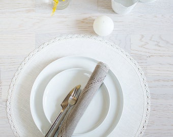 White Linen Placemats Wedding shower Placemats Round Placemats Set 6 Placemats Lace Placemats Linen Table Mats Centerpiece lace Placemats