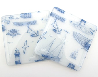 Handmade glass coaster, harbour coastal scene, bygone sea boats, sailing boats, lighthouse, mug mat, wine glass coaster, bar mat, square
