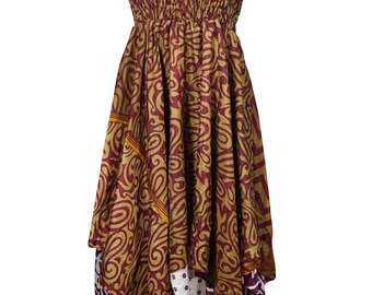 In Your Nature Asymmetrical Dress Recycled Sari Brown/Maroon Summer Style Halter Sundress