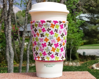 Fabric coffee cozy / cup sleeve / coffee sleeve / coffee cup holder / white darling ditzy - hand picked Jackie Studio