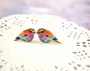 colorful bird earrings , nature studs , nature jewelry , colorful bird jewelry , bird lover gift , earrings for teen , earrings for tween