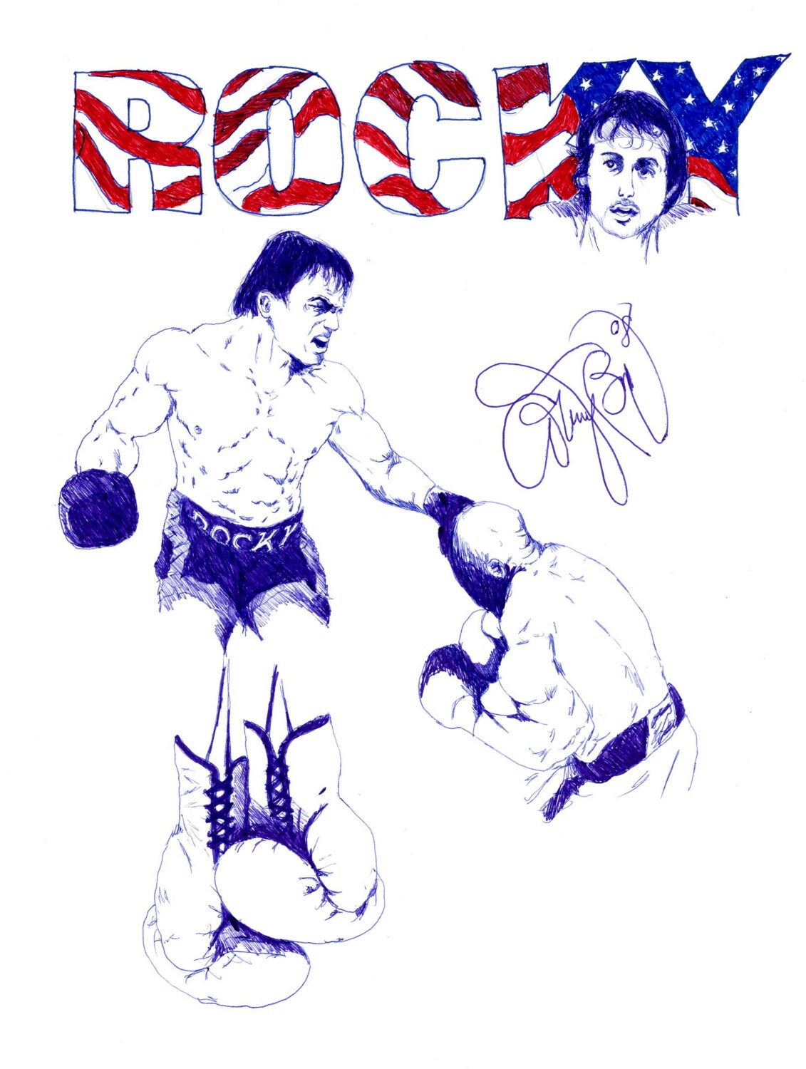 Rocky Balboa Drawing Blue Pen Art American Boxer Sylvester