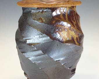 MTO Covered Jar cone 10 - Aztec Gold/Black Silver Glaze Wood Ash Glazes