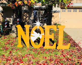 Noel Gold Glitter Christmas Sign with Trumpeting Angel Engraved Yard Art Sign Large
