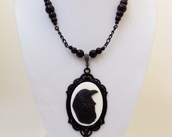 Raven Cameo Necklace Edgar Allan Poe Gothic Horror Halloween Victorian Jewelry Black White