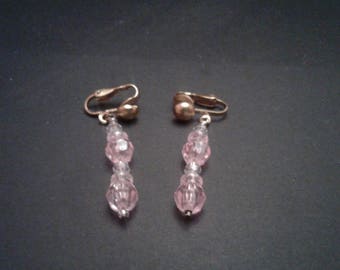 Pink Dangle Clip-on Earrings, Vintage Handmade
