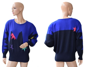Vintage Yarell ® women sweater blue and black lambswool and angora