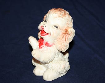 1958 Edward Mobley Rubber Squeak Doll Toy White/Brown Puppy Dog 5" Tall