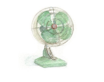 Watercolor Fan, Retro Fan Print, Green Fan Print