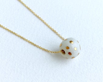 gold dots on small white bead // porcelain necklace