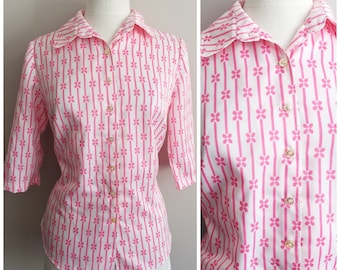 White Blouse with Pink Stripes and Flowers // Vintage Pink and White Blouse
