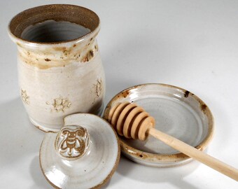 Ceramic honey dipper pot, pottery honey jar, stoneware honey jar with saucer, dipper stick, pottery honeypot, ceramic honey pot white glaze