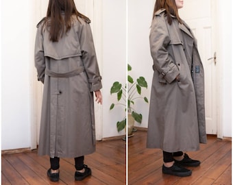 Vintage 80s Trench Coat Oversize Rain Coat Womens Medium Double Breasted Coat Mens Small Gray Belted Trench Removable Lining Long Grey Coat