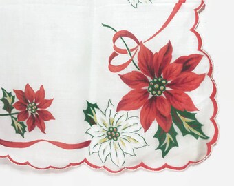 Poinsettia Holiday Hanky Vintage Christmas Handkerchief