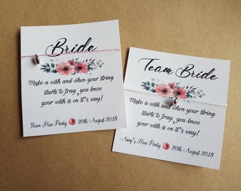 Floral Hen Party Wish Bracelet - Friendship Bracelet - Personalised Card - Special 'Bride to Be' charm - Hen do- team bride