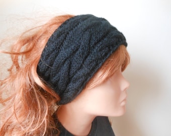 Cable Hand Knit Headband Ear Warmer Head Warmer Black