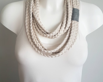 T-shirt scarf, beige scarf, beige necklace, t-shirt necklace, braided scarf, fabric scarf, fabric necklace