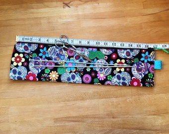Knitting needle case, sugar skull, Day of the Dead, cool knitting needle bag, knitting pin bag, large knitting needle case, Mothers day