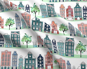 Whimsical Watercolor Cityscape Fabric - Amsterdam Neighbourhood By Adenaj - Cotton Fabric by the Yard with Spoonflower