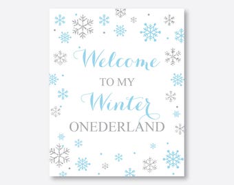 Instant Download, Winter Wonderland Welcome Sign, Winter Onederland Birthday Sign, Party Sign, First Birthday, Blue and Silver, Boy (GKB.04)