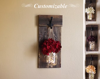 Rustic Wall Decor, Mason Jar Wall Sconce, Lighted Sconce, Farmhouse Wall Decor, Wall Sconces, Mason Jar Wall Decor, With Hydrangeas