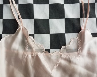 90s Vintage Baby Pink Hearts Embroidered Slip Dress Size Small
