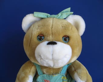Vintage Teddy Bear with Sleepy Eyes Googles Hasbro Softies Stuffed Animal 1980s Toy 1986 Plush Toy Overhauls Hair Bow Plush