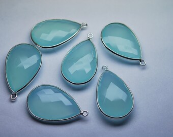 925 Sterling Silver, Aqua Chalcedony Faceted Pear 28mm Stones, 1 Pieces of 28mm