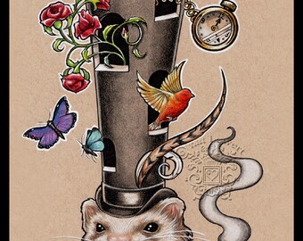 ORIGINAL Art Illustration Gift Idea Surreal Art Steampunk Art Ferret Owner Gift Ferret Lover Wall Decor Ferret Art Gift for Her Christmas