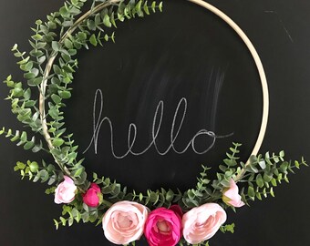 Spring Wreath, Hoop Wreath, Modern Wreath, Eucalyptus Wreath, Ranunculus, Pink Flowers, Modern Farmhouse, Minimalist Wreath, Modern Decor