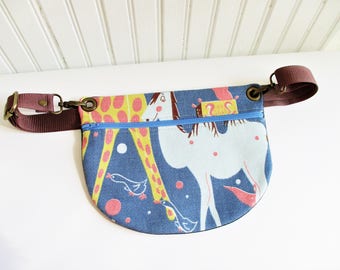 Camel Birds Circus Animals on Blue Ground Vintage Barkcloth Fabric Hip Bag Fanny Pack Adjustable Strap Gift for Him Her Holiday Christmas