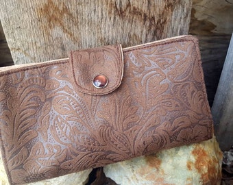 Tooled Leather Checkbook Cover, Brown Faux Leather Coupon Wallet