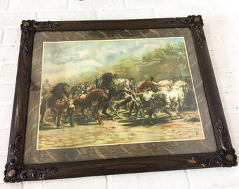 Antique Rosa Bonheur The Horse Fair Lithograph, 22x18 Oak Gesso Picture Frame, Vintage Horse Print