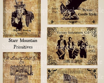 Primitive Americana Uncle Sam Soldiers Liberty Bell Flag Jpeg Digital Pantry Labels Many Uses! Rag Tags, Hang tags Magnets Ornies