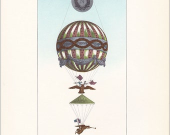 Vintage Balloon Print hot air balloon transport Montgolfier air travel 7 x 9.25 inches