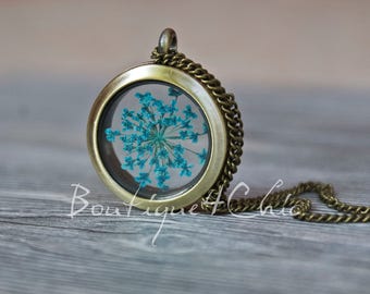 Queen Anne's lace in blue, necklace, locket necklace