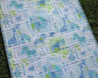 Baby Quilt, Crib Bedding, Jungle Blanket, Aqua Lime Green Blue, Nursery Decor, Jungle animals, play mat, stroller quilt