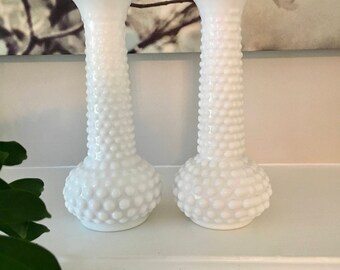 Milk Glass Hobnail Vases, Pair of Hobnail Milk Glass Vases, E.O. Brody Milk Glass Vases