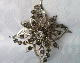 Vintage Silver Tone Brooch Grey Crystals, Flower
