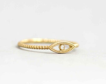 Evil Eye Ring, Eye Gold Ring, Evil Eye Gold Ring, Mati Ring, Diamond Evil Eye, Ring for Women, Stacking Gold Ring, Solid Gold Ring, GR0264