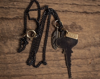Antique Key Necklace, Men's Key Necklace, Key + Feather Necklace, Men's Costume Jewelry, Men's Necklaces