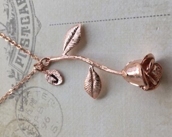 Rose Gold Rose Necklace, Rose Pendant Necklace, Beauty and the Beast Anniversary Gift, Personalized gift, Initial Necklace