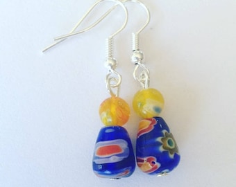 Blue And Yellow Millefiori Bead Earrings, blue earrings, flower earrings, yellow earrings , glass earrings, beaded earrings, dangle earrings