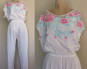 1980's Embroidered White Jumpsuit Cotton Jumper Size Small Medium by Maeberry Vintage