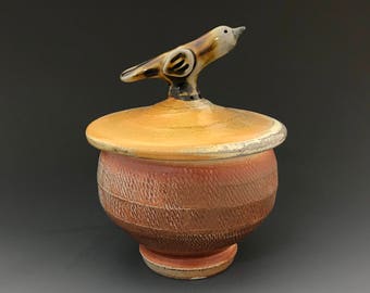 Bird Jar - Lidded Jar - Soda Glazed Stoneware - Cord Impressed Decoration - Ron Philbeck