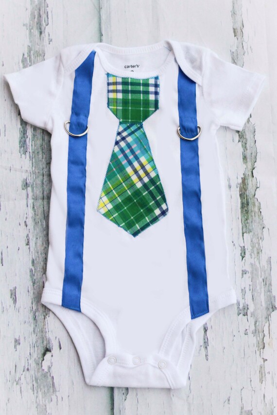 SALE Baby Boy Tie and Suspenders Plaid Tie Blue Suspenders