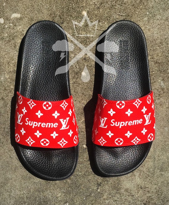 Red Supreme Louis Vuitton Luxury Designer Custom Slides